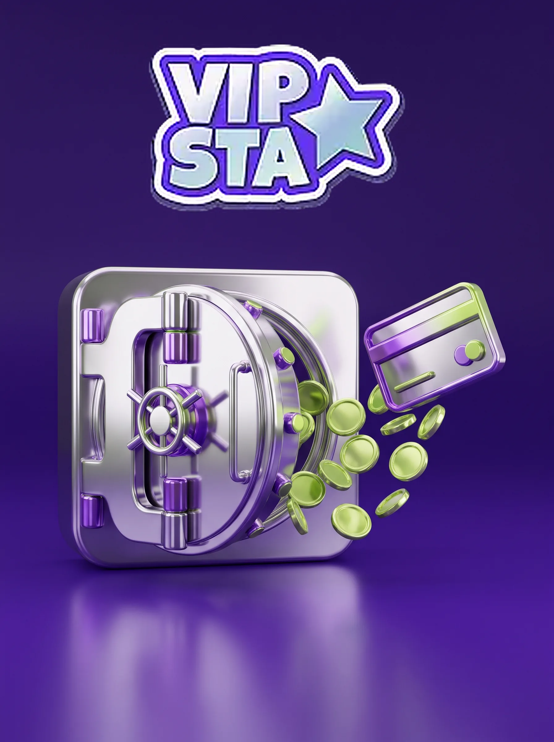 Silberner Tresor und Zahlungskarte vor violettem Hintergrund