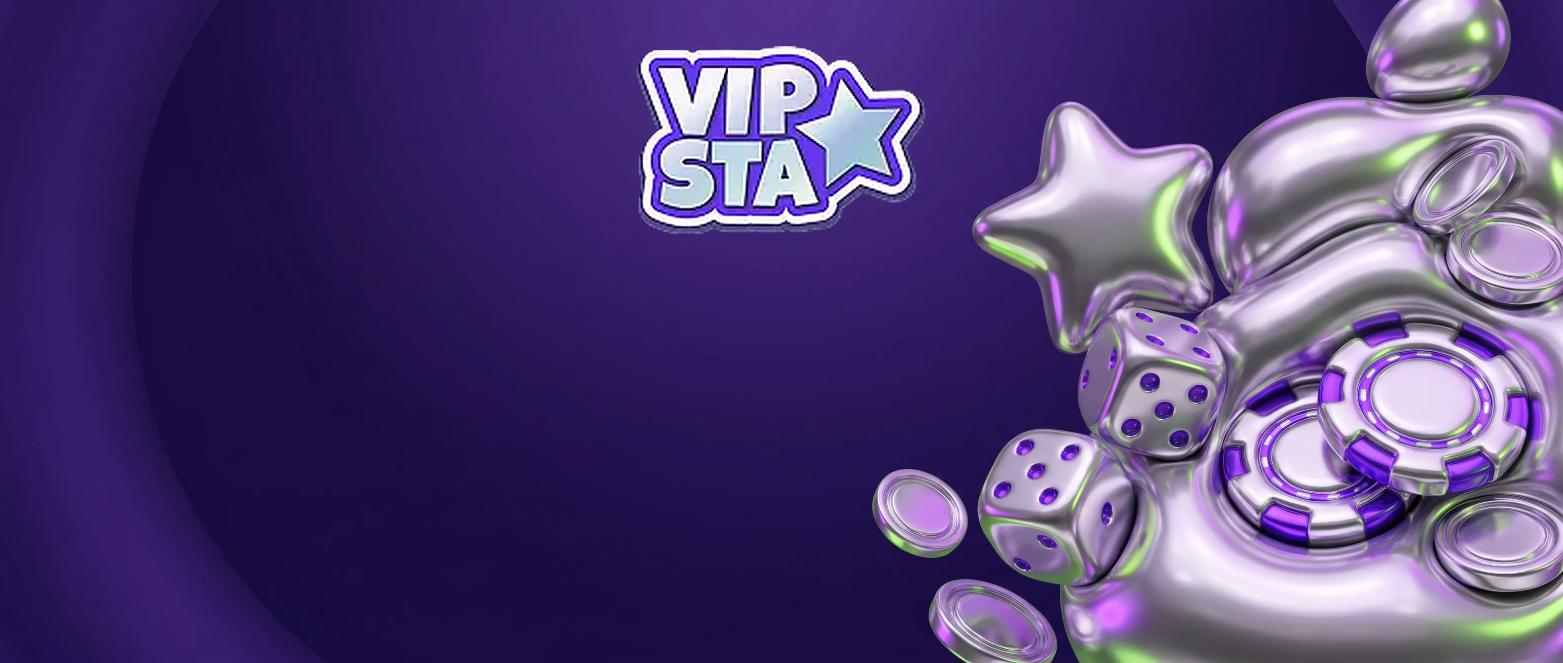 Silberne Spielchips, Würfel und der Vipsta-Stern vor violettem Hintergrund